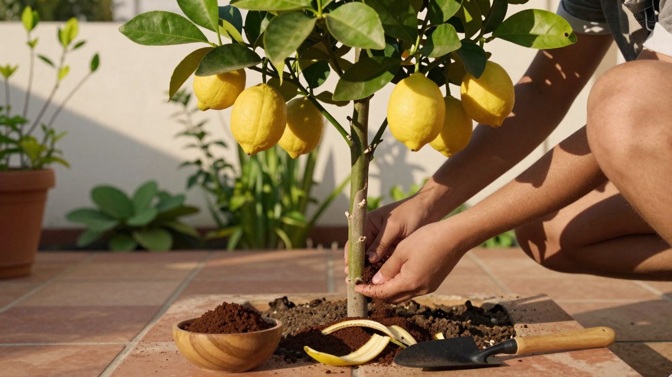 Persona cuidando un árbol de limón en maceta en un patio con tierra y herramientas de jardinería.