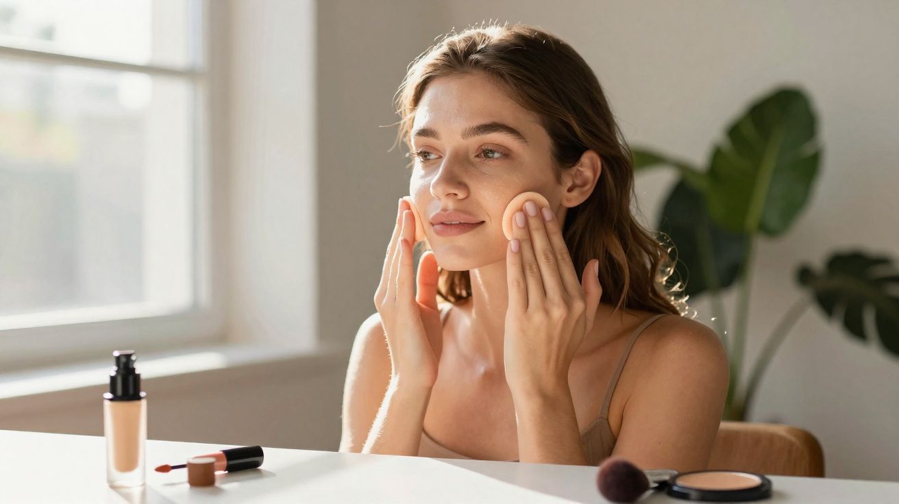 Mujer joven aplicándose base de maquillaje con esponja frente a un espejo en un entorno luminoso y natural.