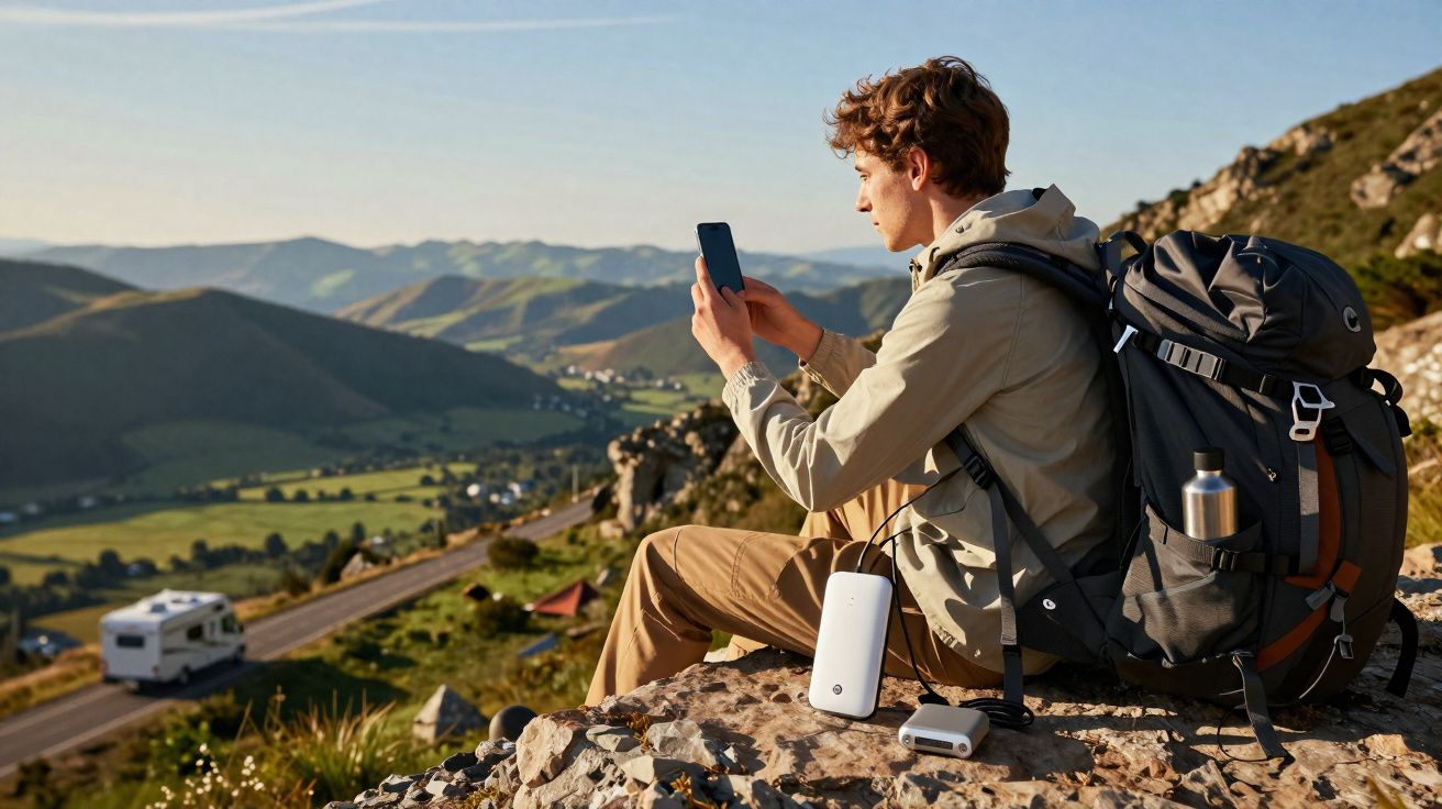 Joven con mochila grande sentado en una roca tomando foto con móvil en paisaje montañoso al atardecer.