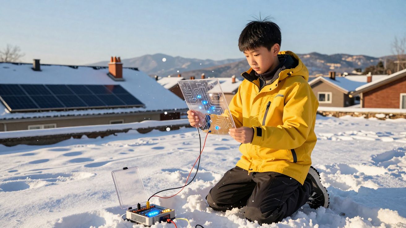 Niño con chaqueta amarilla manipula un circuito eléctrico LED en la nieve, con casas y montañas al fondo.