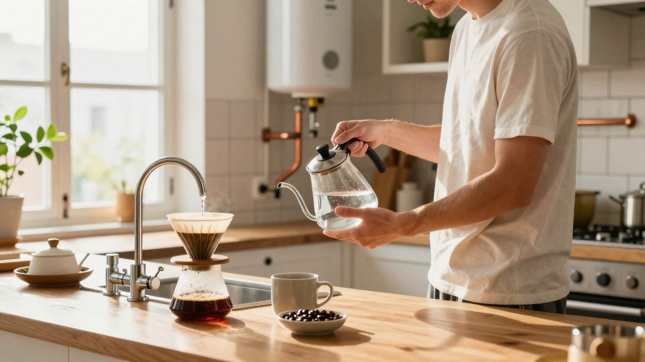 Persona vertiendo agua caliente en una cafetera de goteo en una cocina luminosa y moderna.
