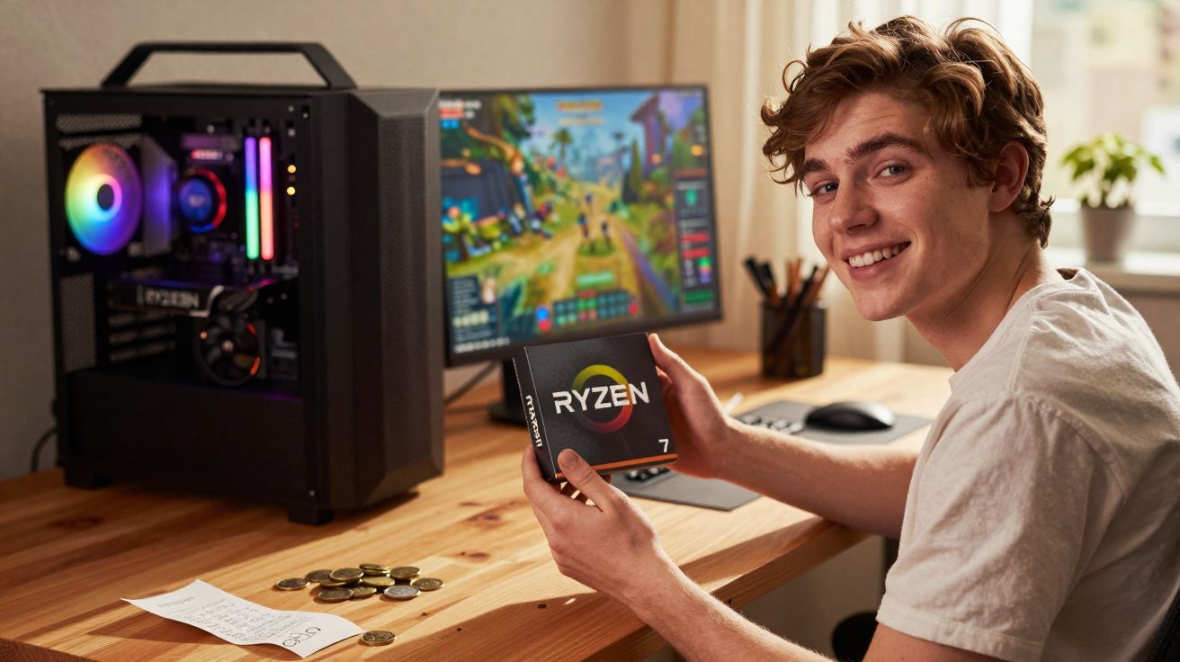 Joven sonriente sostiene procesador Ryzen junto a un ordenador y pantalla con videojuego en escritorio de madera.