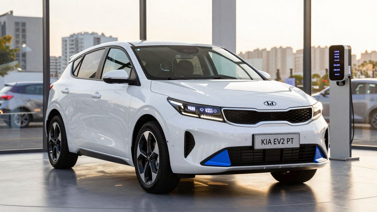 Coche eléctrico blanco Kia EV2 PT estacionado en interior con cargador eléctrico y edificios al fondo.