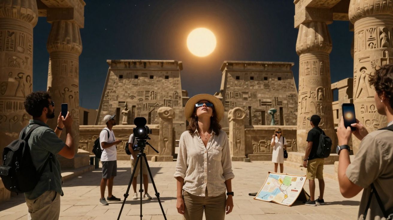 Turistas visitan un antiguo templo egipcio bajo una luna llena brillante durante la noche.