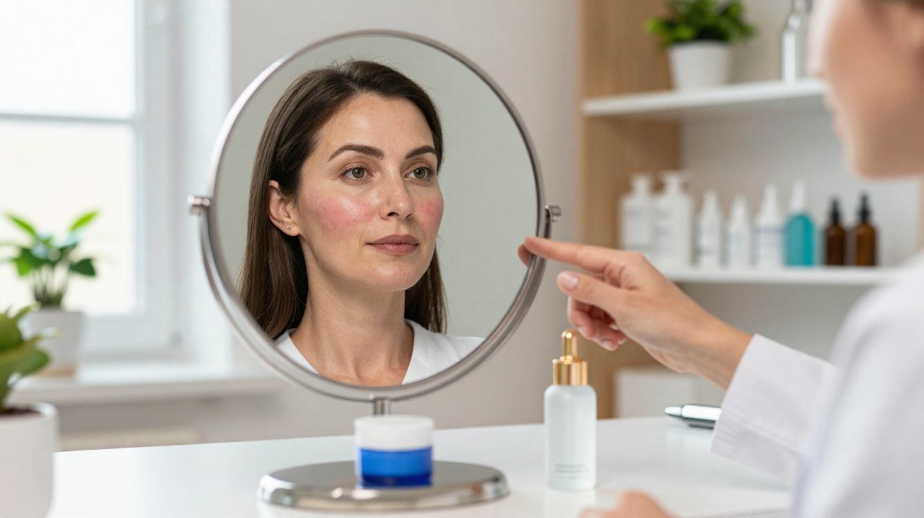 Mujer observando su rostro con mejillas enrojecidas en un espejo mientras alguien señala su cara.
