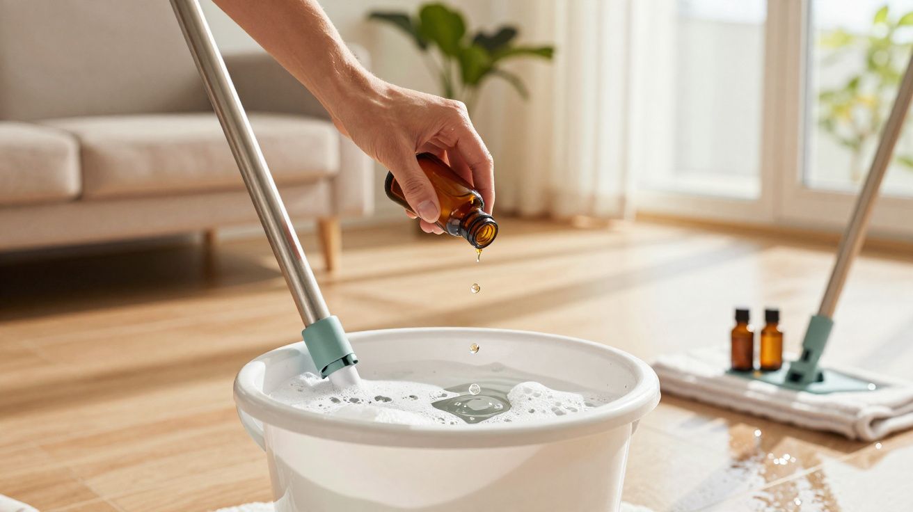 Mano vertiendo gotas de aceite esencial en un cubo con agua para fregar el suelo de madera.