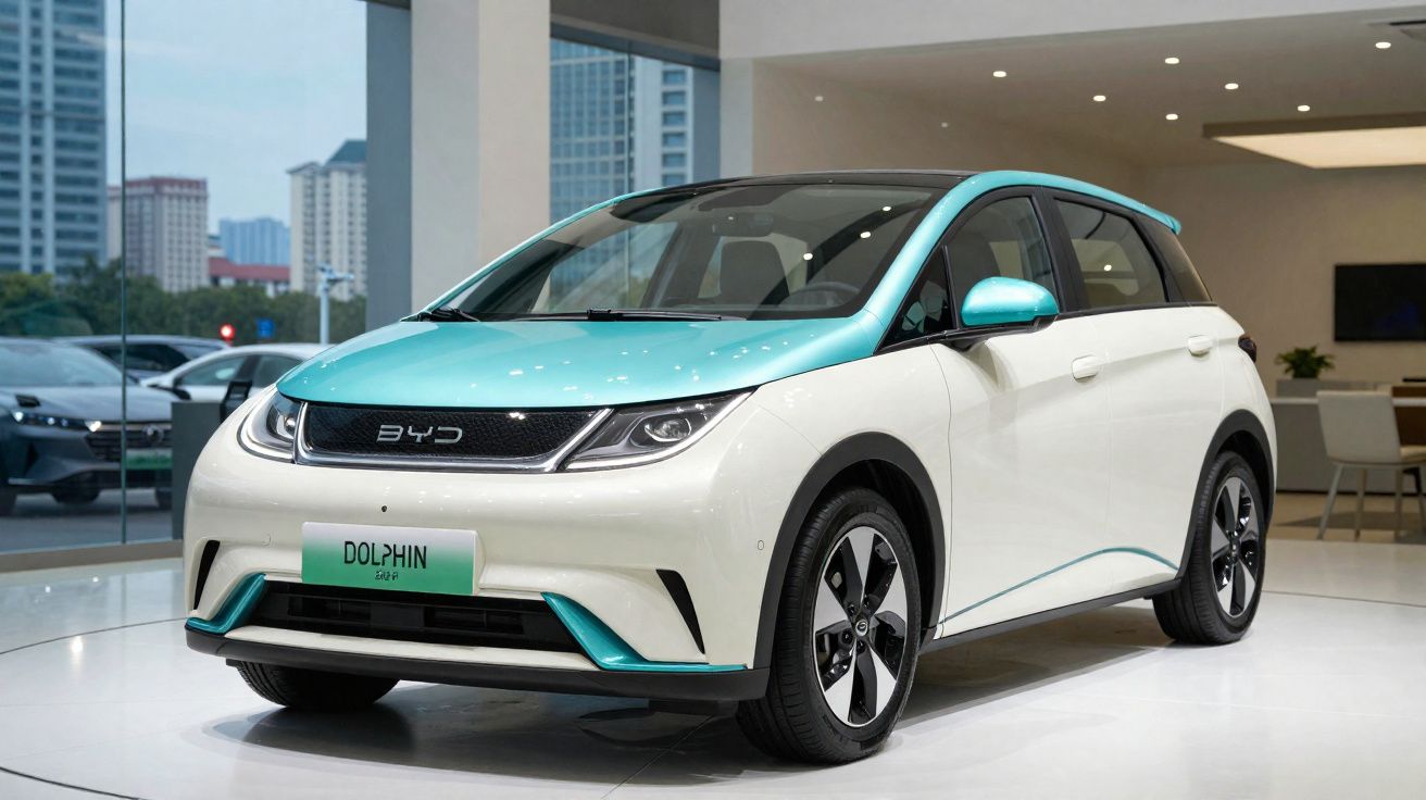 Coche eléctrico BYD Dolphin blanco y azul en un concesionario con ventana grande y edificios al fondo.