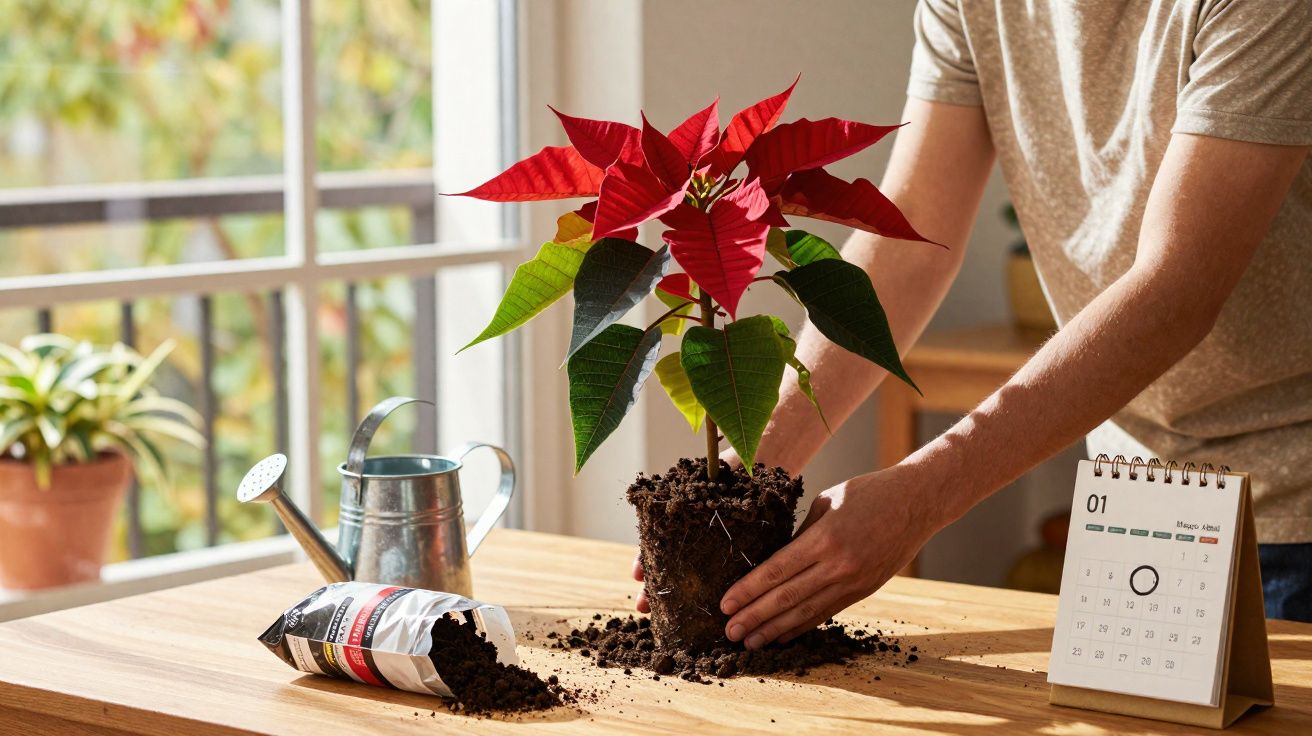 Manos trasplantando una planta de flor de Pascua roja sobre mesa de madera junto a regadera y calendario.
