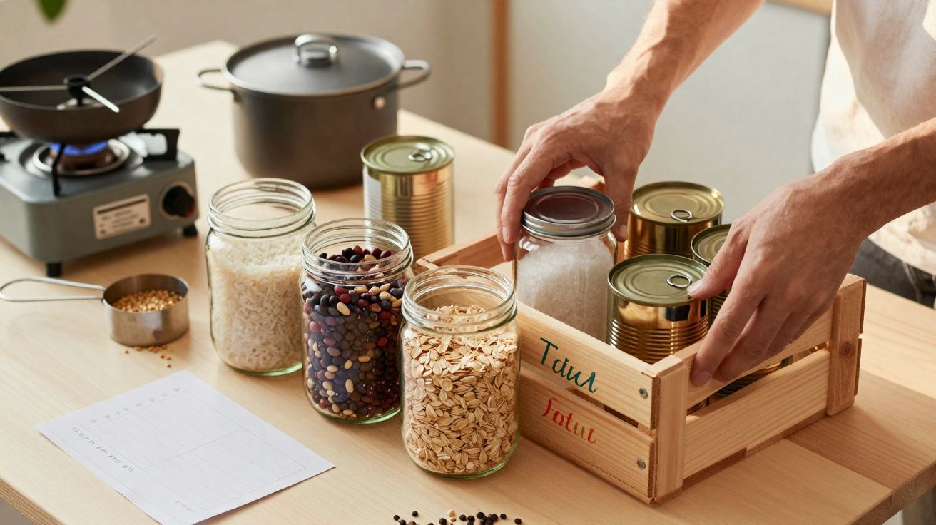 Manos colocando botes y latas con alimentos secos en una caja de madera sobre una mesa de cocina.