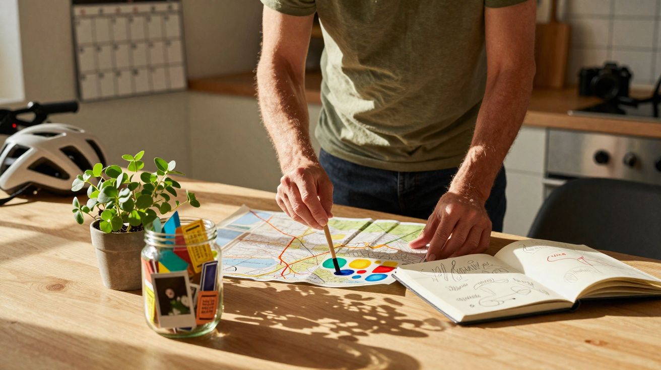 Persona pintando un mapa extendido sobre una mesa con cuaderno y planta al lado en una cocina.