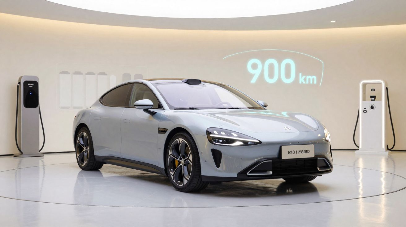 Coche eléctrico gris plata estacionado en espacio futurista con señal digital de autonomía de 900 km y puntos de carga.