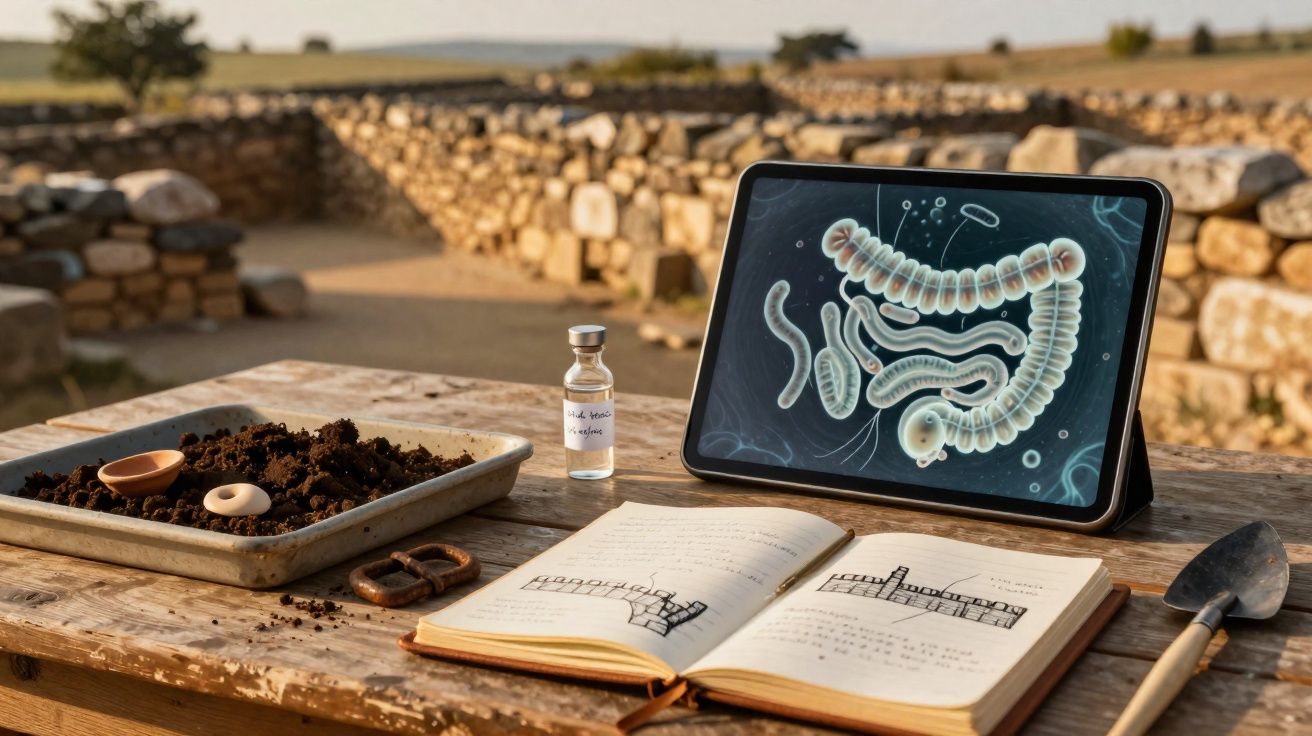Mesa de madera con tierra, frasco, libro abierto y tableta con ilustración de parásitos en un entorno al aire libre.