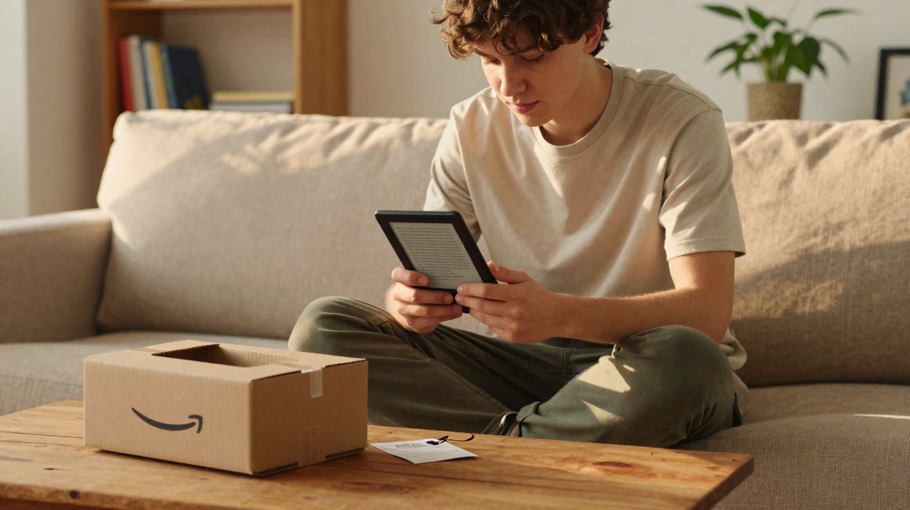 Joven sentado en un sofá leyendo un libro electrónico recién sacado de una caja de Amazon sobre una mesa de madera.