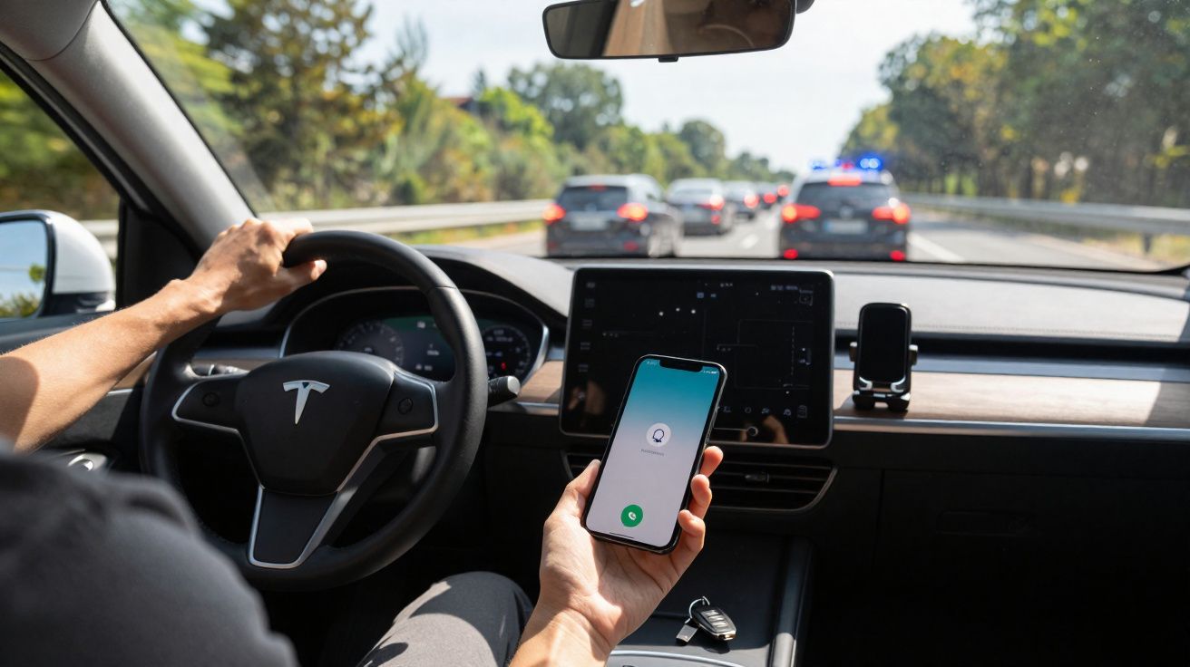 Persona conduciendo un Tesla por carretera mientras sostiene un teléfono móvil con llamada entrante, tráfico y coche policía 