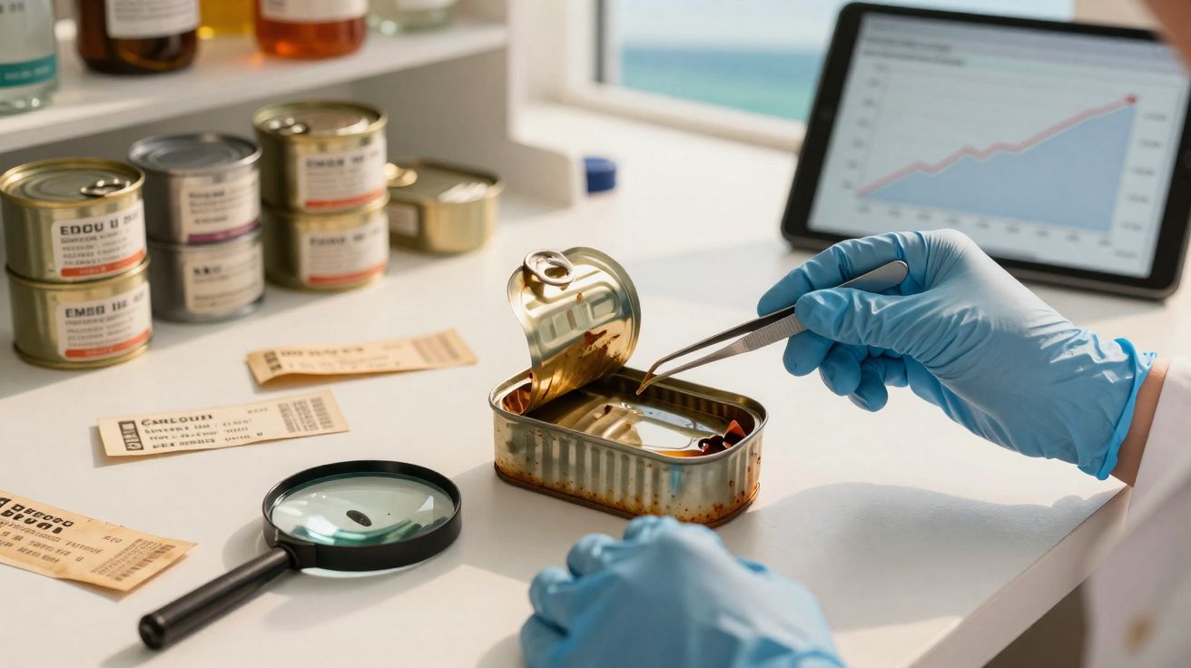 Manos con guantes azules inspeccionan alimentos enlatados en laboratorio con lupa y gráfica en tablet.