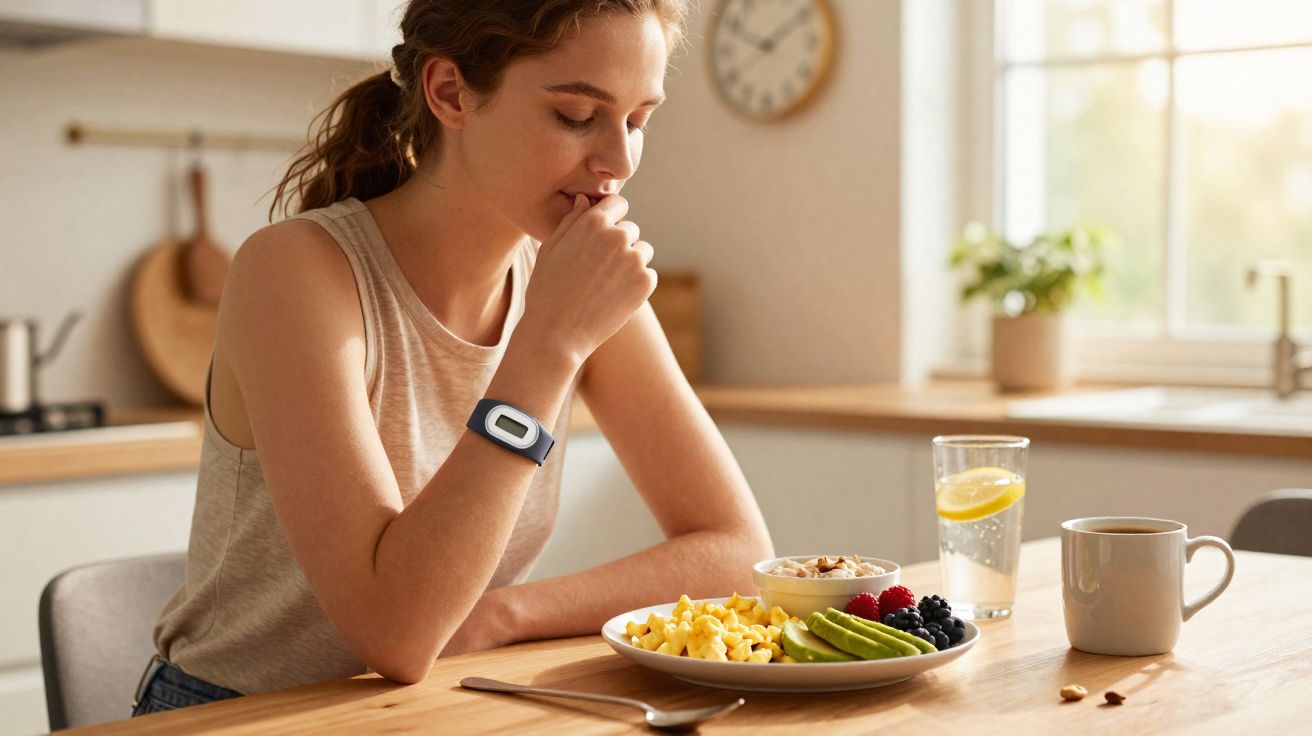Mujer joven pensativa con pulsera de fitness sentada en cocina frente a plato con comida saludable y bebida.