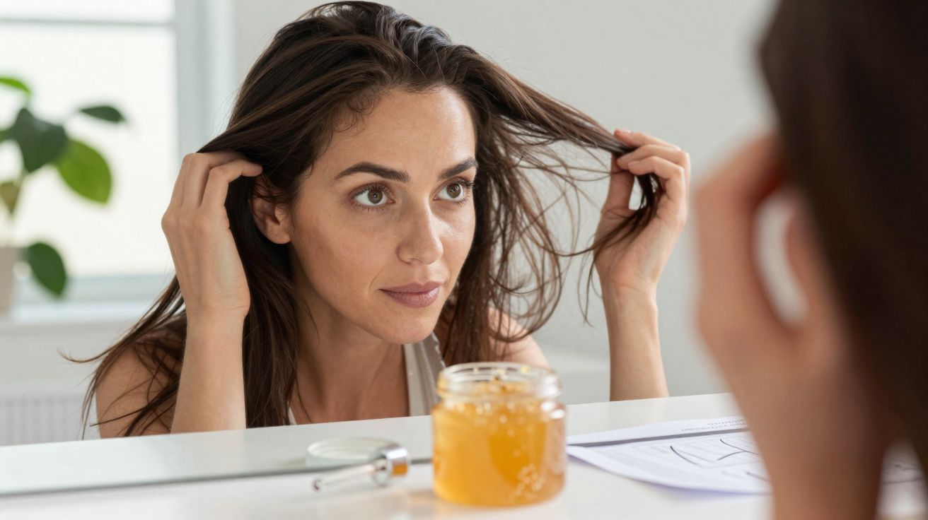 Mujer mirándose al espejo mientras se toca el cabello con un frasco de miel sobre la mesa.