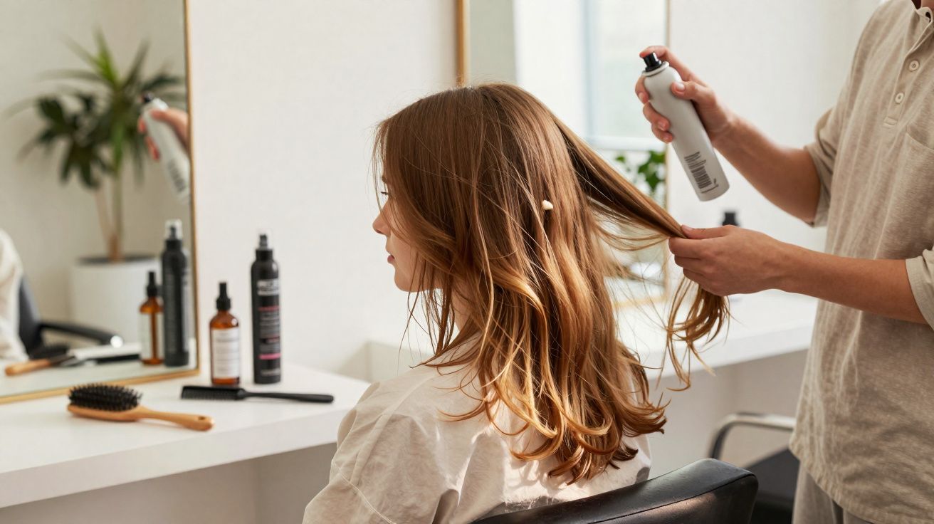 Persona aplicando spray capilar a mujer con cabello rubio en salón de belleza moderno.