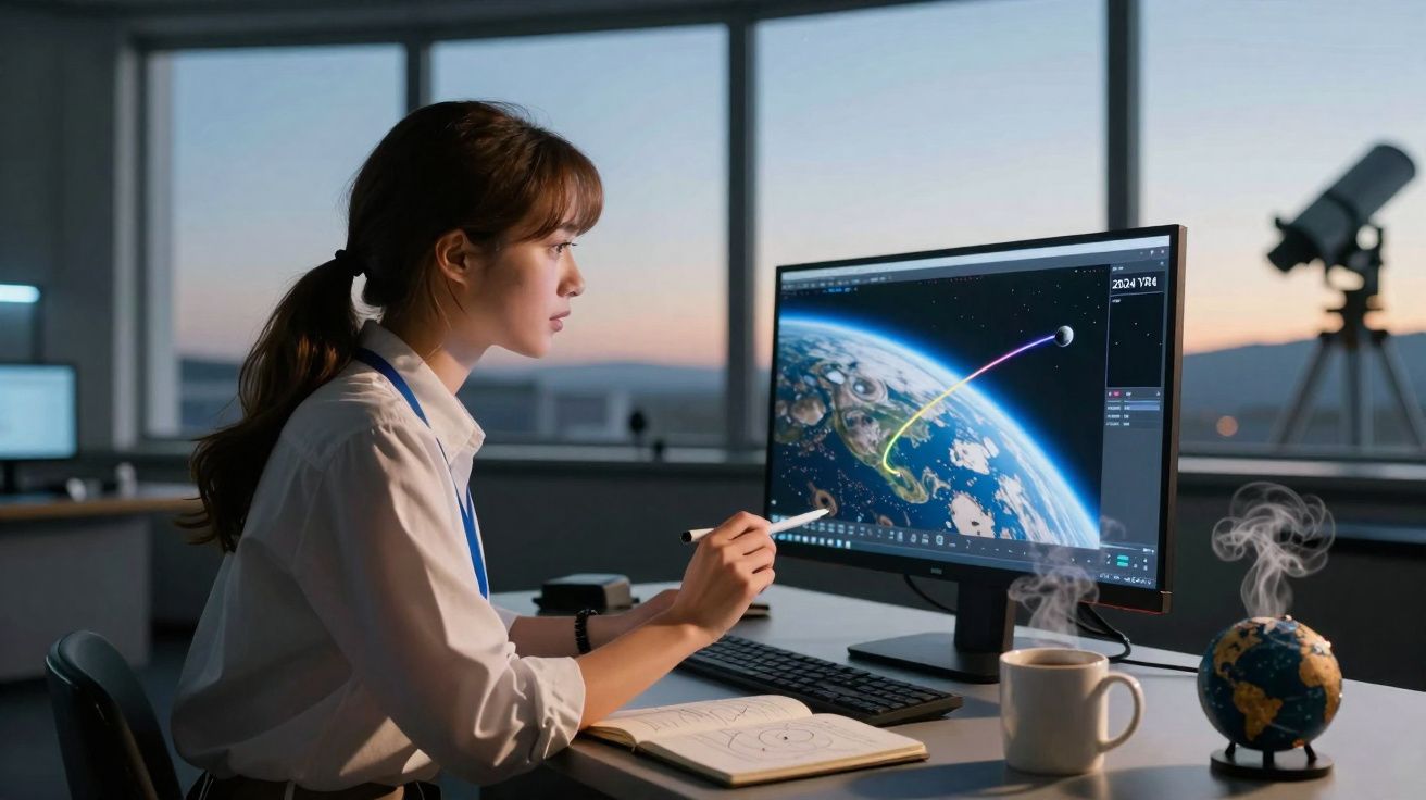 Mujer trabajando con simulación espacial en ordenador, taza y globo terráqueo humeante en escritorio.