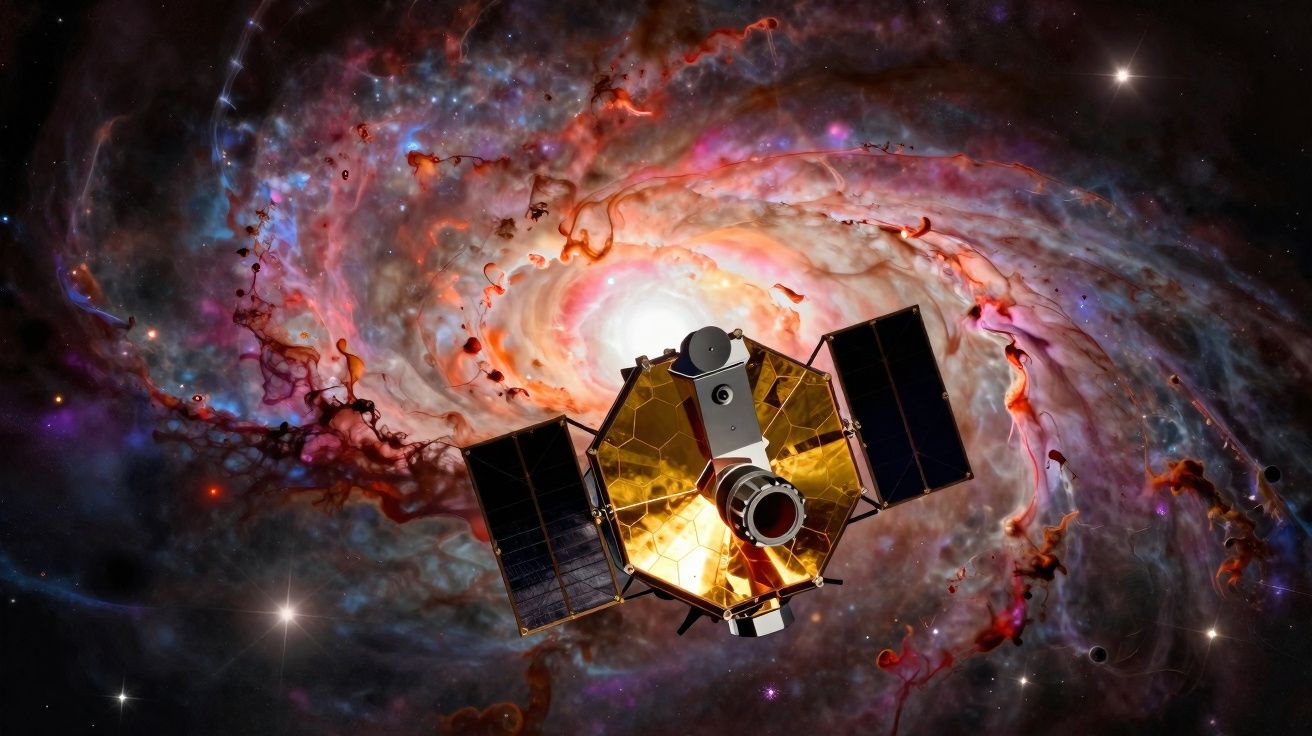 Sonda espacial con paneles solares frente a una galaxia espiral luminosa y colorida en el espacio profundo.