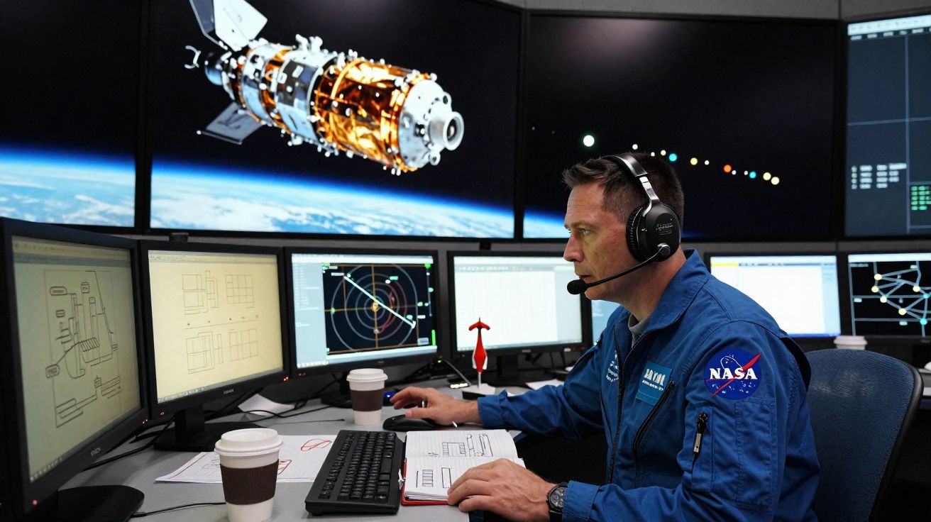 Hombre con auriculares y uniforme NASA controlando una misión espacial en varios monitores y pantalla grande.
