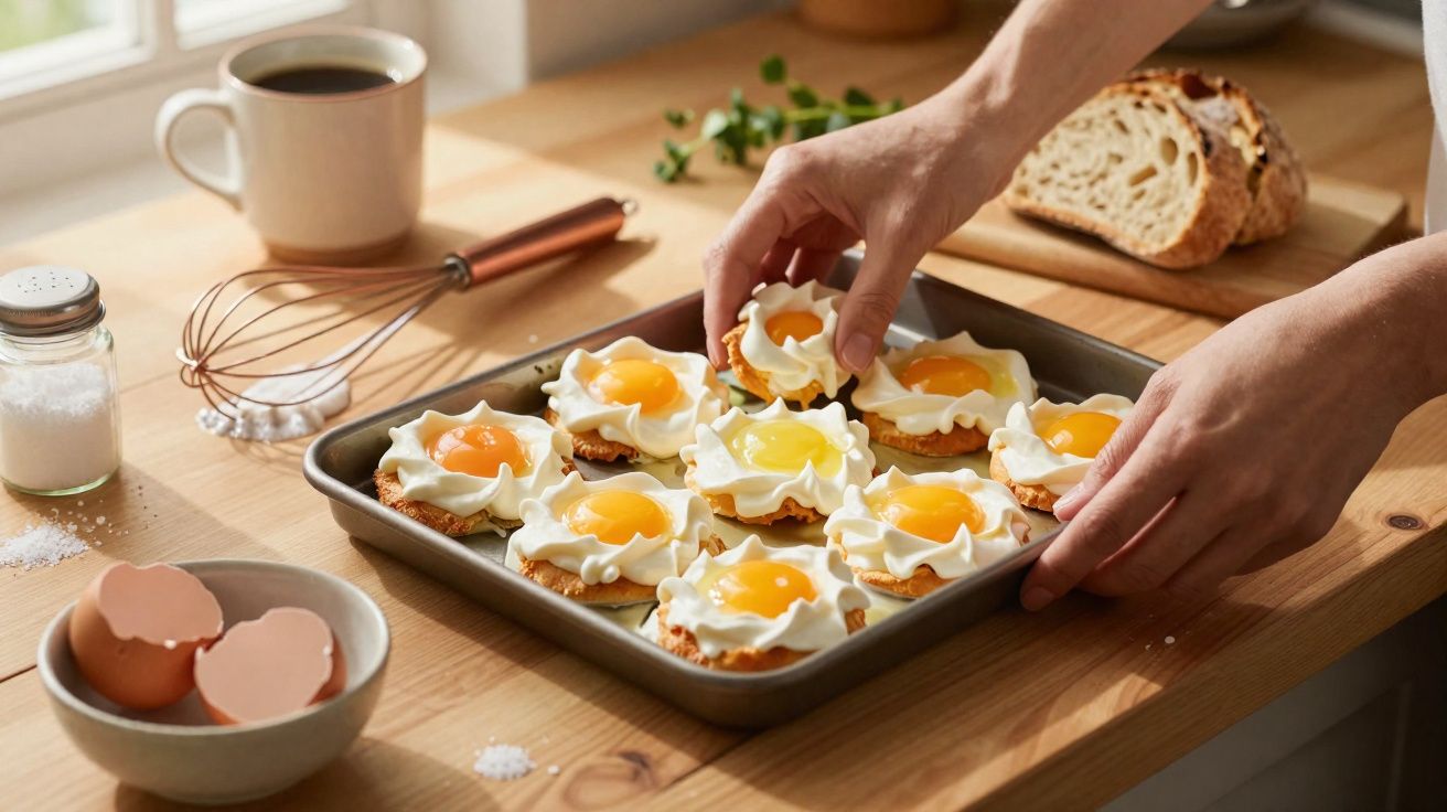 Manos colocando bandeja con galletas de merengue con yema, sobre mesa de madera con café y pan.