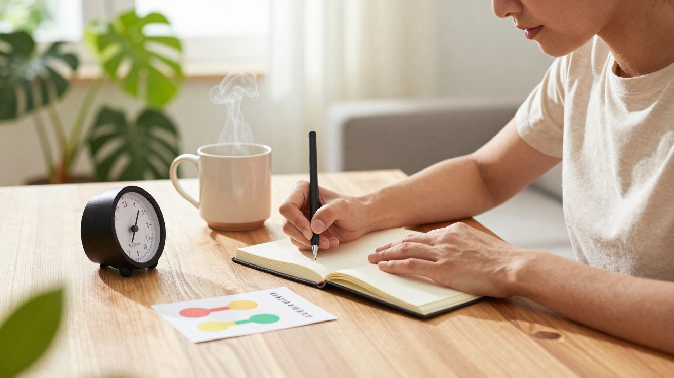 Persona escribiendo en un cuaderno con taza de café humeante y reloj sobre mesa de madera clara.