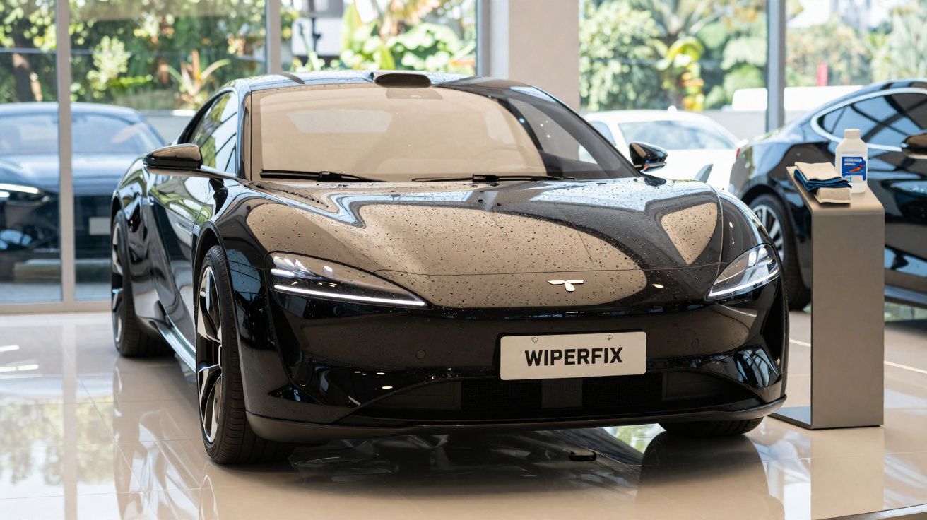 Coche eléctrico negro brillante con gotas de lluvia en un concesionario moderno.