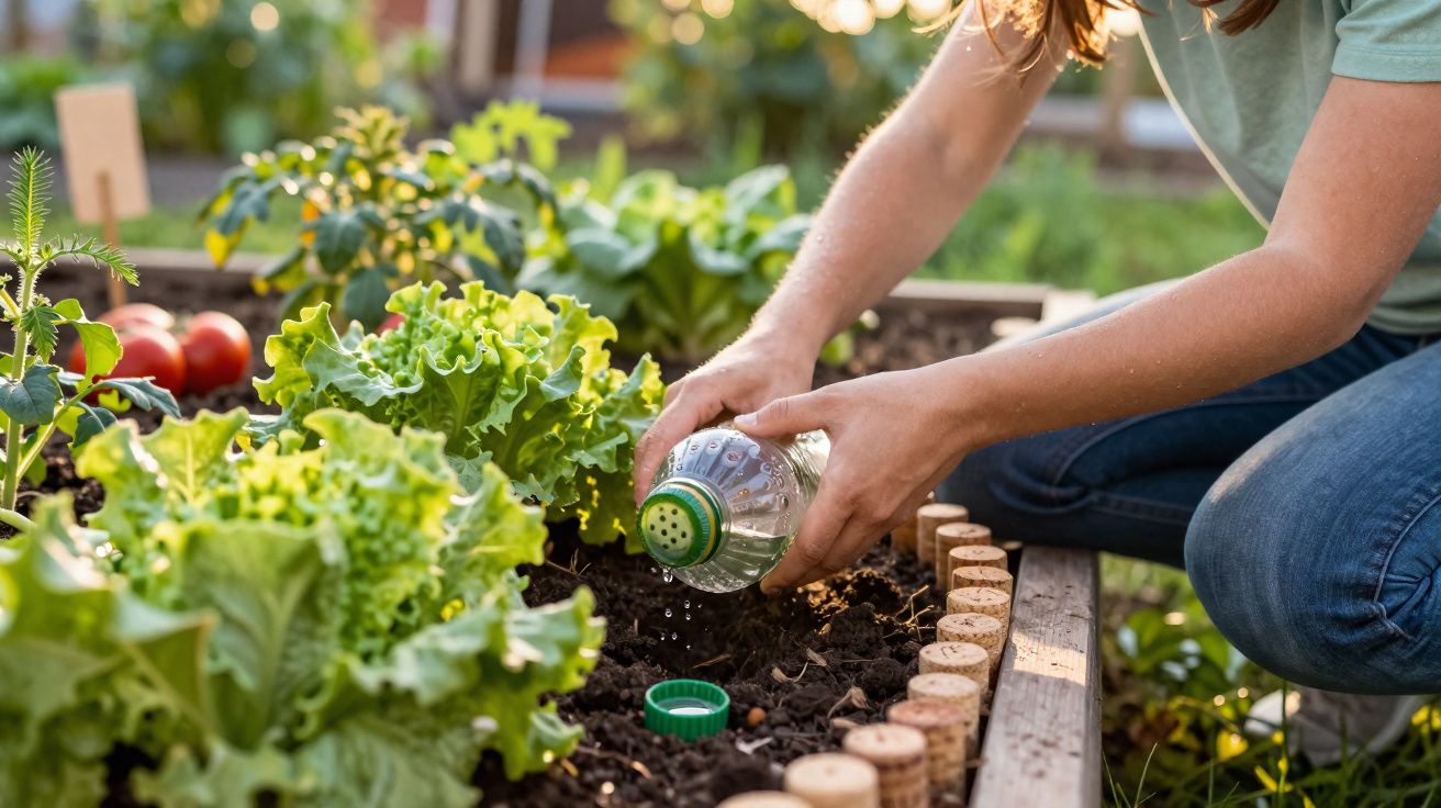 Persona regando plantas de lechuga en un huerto urbano con un envase reciclado como regadera.