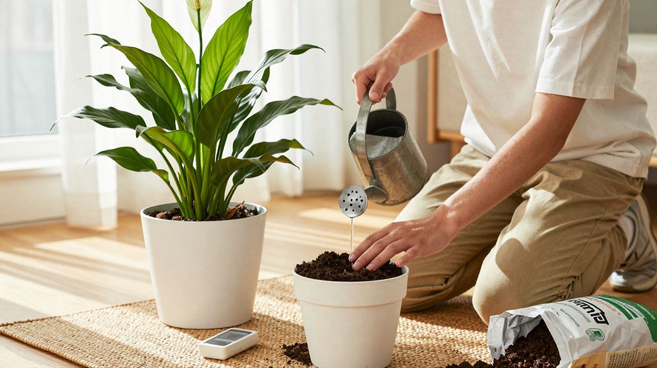 Persona regando una planta en maceta blanca en el suelo dentro de una casa iluminada por luz natural.