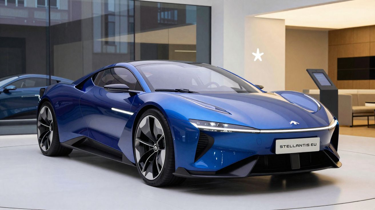Coche deportivo eléctrico azul brillante en exposición dentro de un edificio moderno con paredes de cristal.