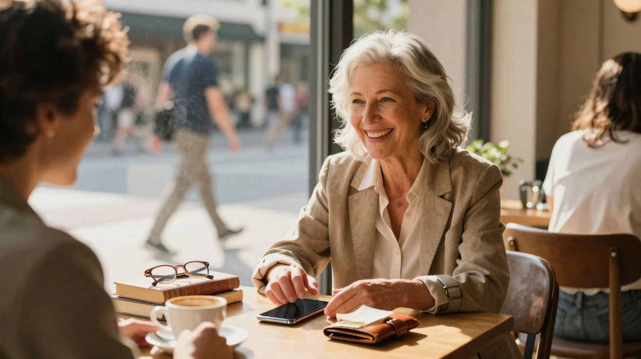 Mujer mayor sonriente conversando con otra persona en una cafetería con luz natural junto a una ventana.