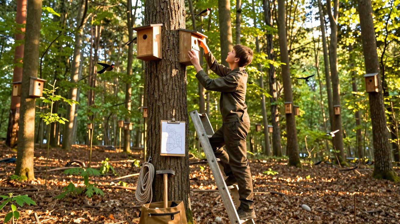 Niño colocando una caseta para pájaros en un árbol en un bosque durante el día.