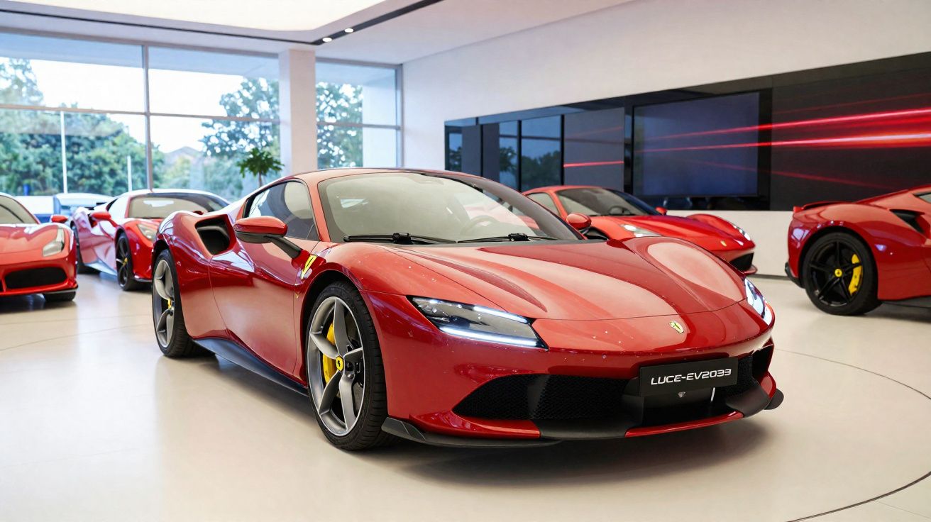 Coche deportivo rojo Ferrari en exposición interior con varios coches deportivos rojos al fondo.