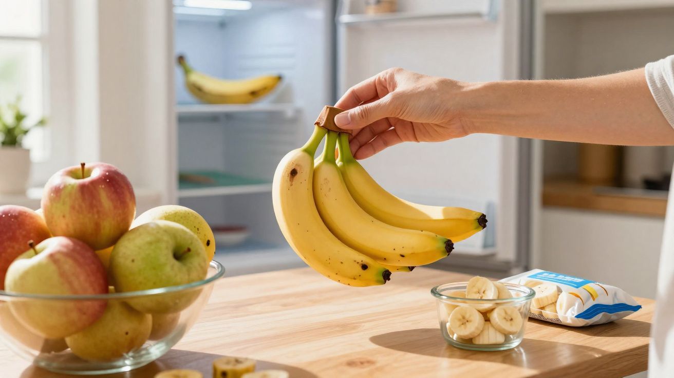 Mano sosteniendo un racimo de plátanos junto a un bol con plátanos en rodajas y frutas sobre una mesa.