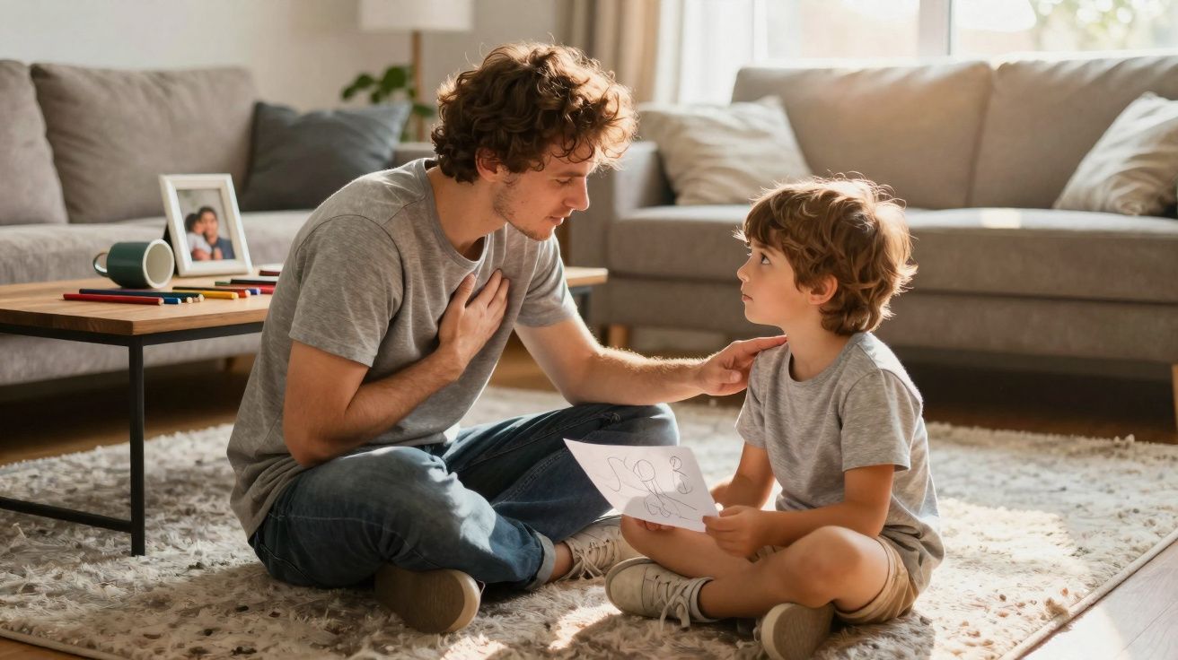 Padre e hijo sentados en el suelo del salón, el padre consolando al niño que sostiene un dibujo.