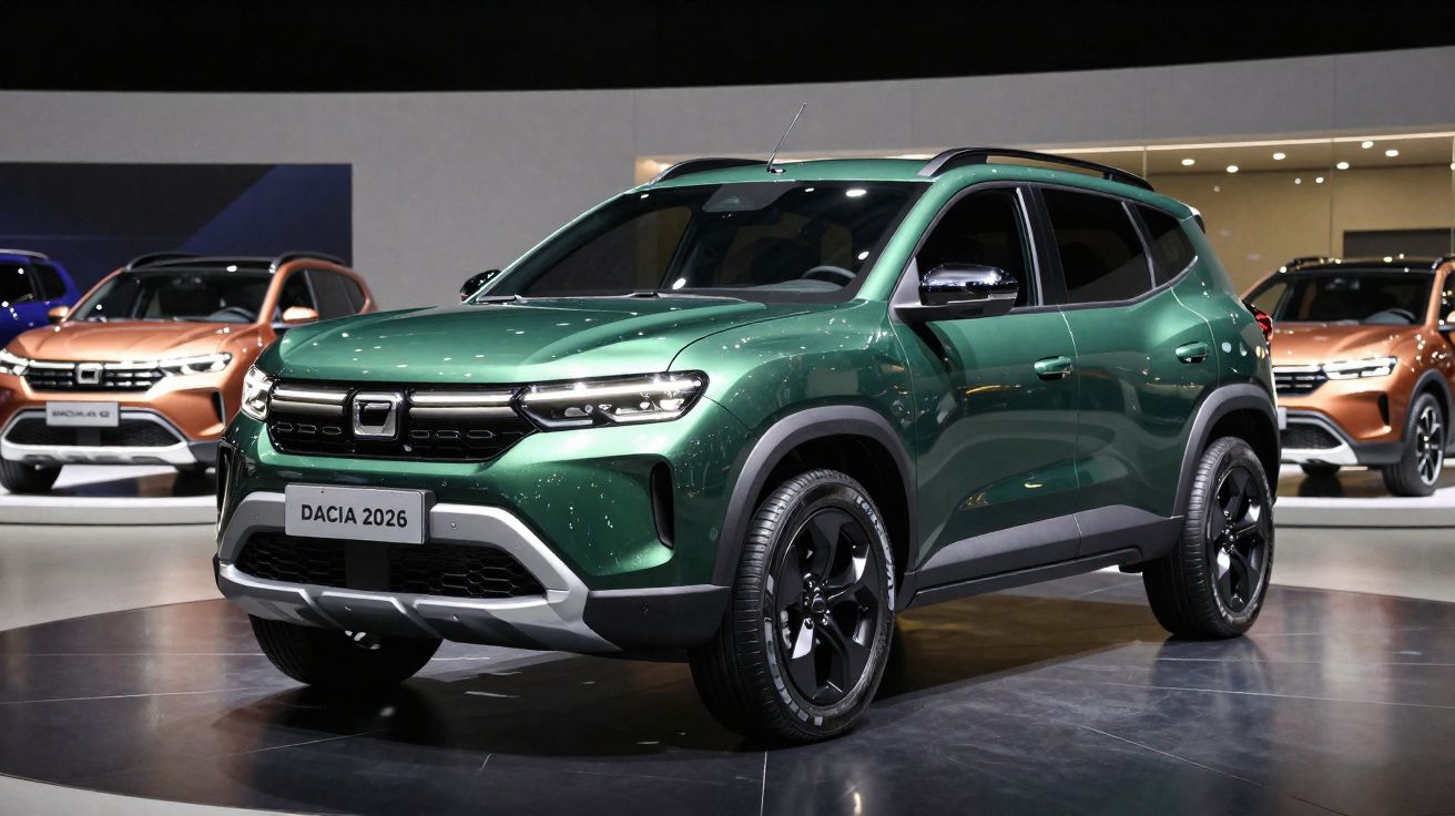 Coche SUV Dacia 2026 verde metalizado expuesto en un salón del automóvil con otros modelos al fondo.