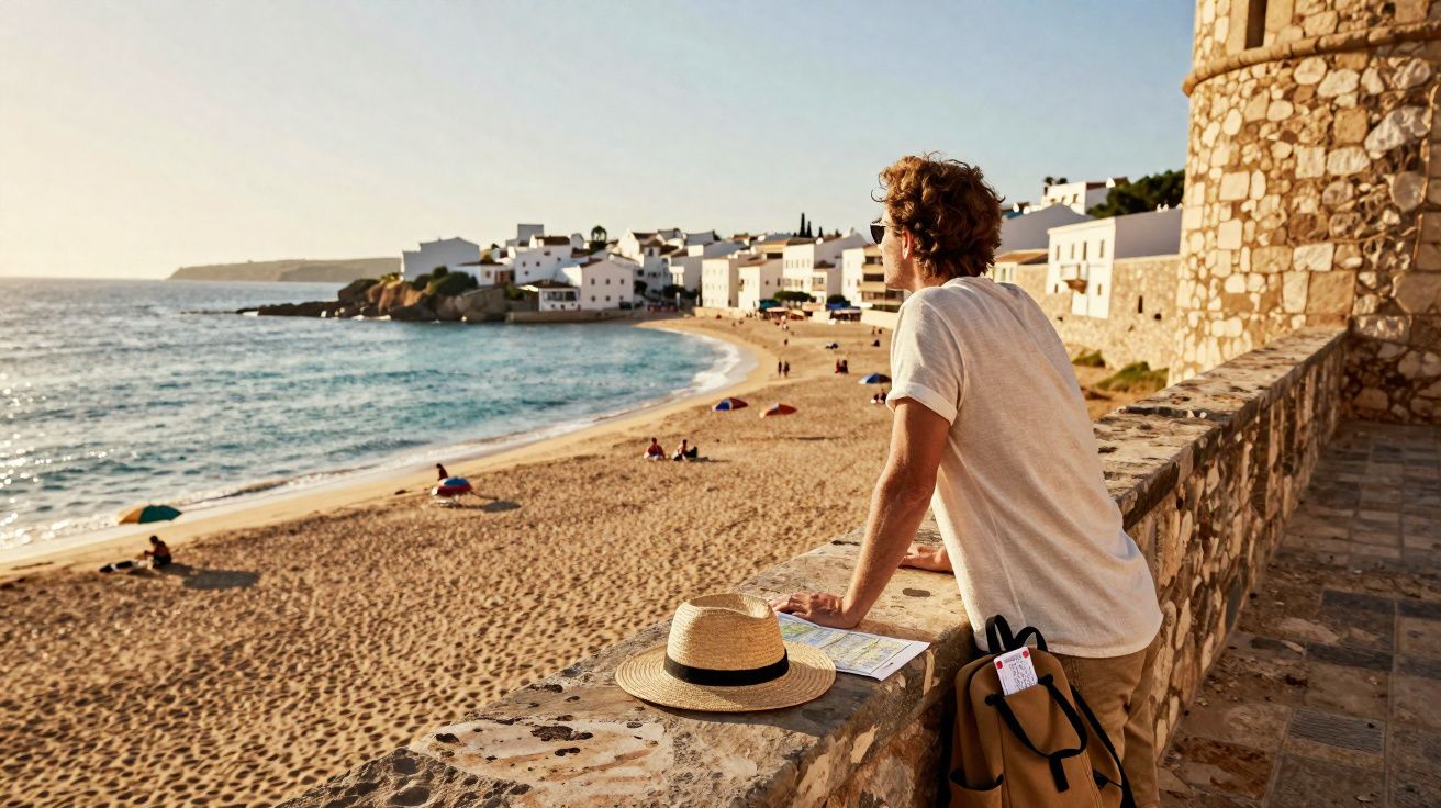 Hombre con mochila y sombrero observa la playa y casas blancas en un atardecer soleado en la costa.