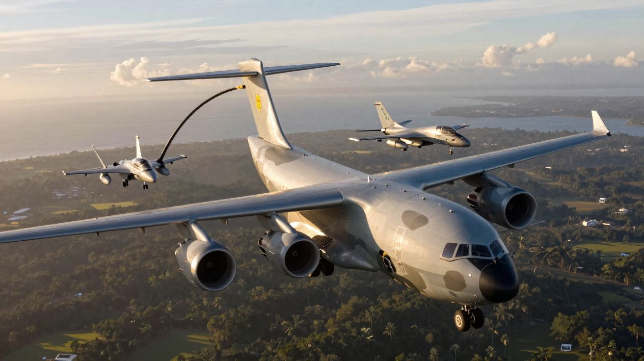 Avión cisterna abasteciendo combustible a dos cazas sobre paisaje tropical al atardecer.