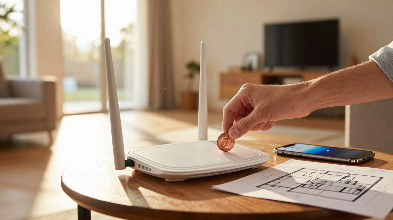 Mano colocando una moneda sobre un router WiFi en una mesa con planos y un móvil cerca.