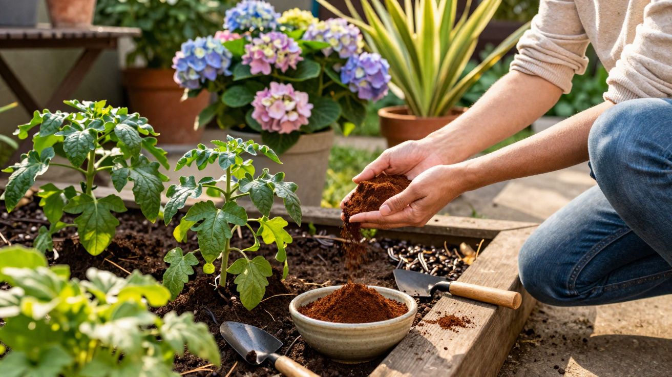 Persona vertiendo abono orgánico en un huerto urbano con plantas y flores en macetas alrededor.