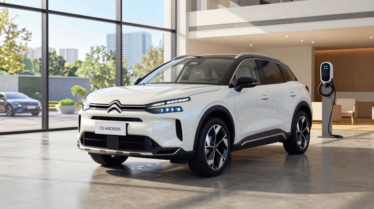 Coche eléctrico Citroën C5 Aircross blanco aparcado en un showroom junto a un punto de carga.