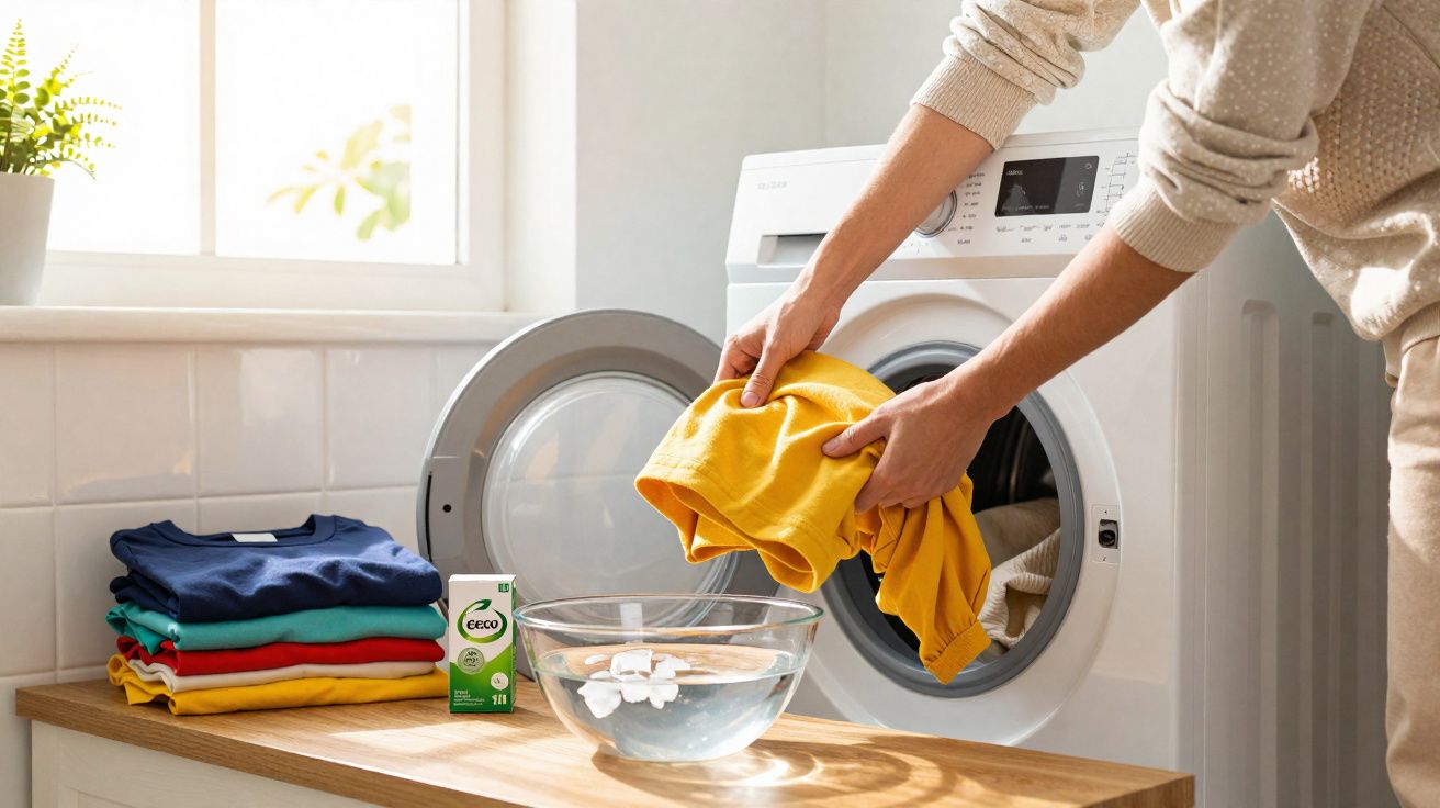 Persona sacando una prenda amarilla de la lavadora en una habitación luminosa con ropa doblada y detergente.