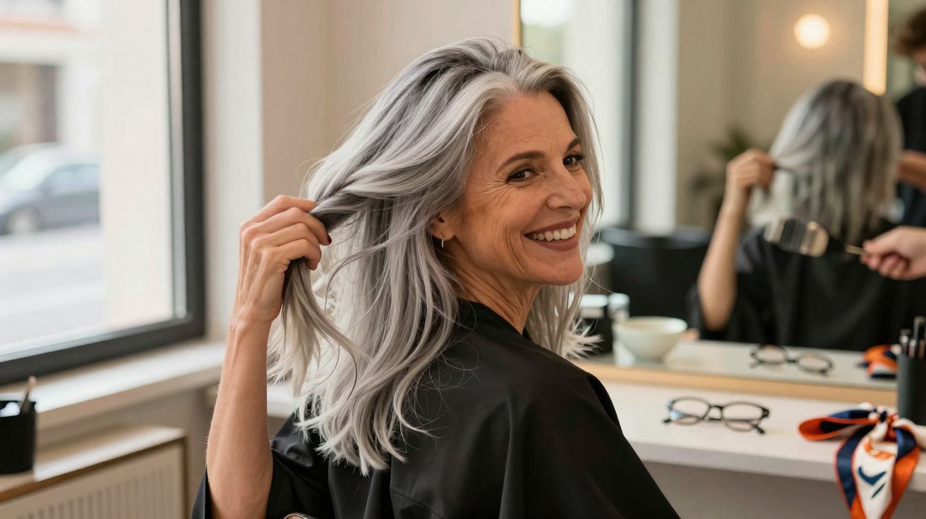 Mujer mayor sonriente mostrando su cabello canoso en una peluquería con espejo y gafas sobre la mesa.