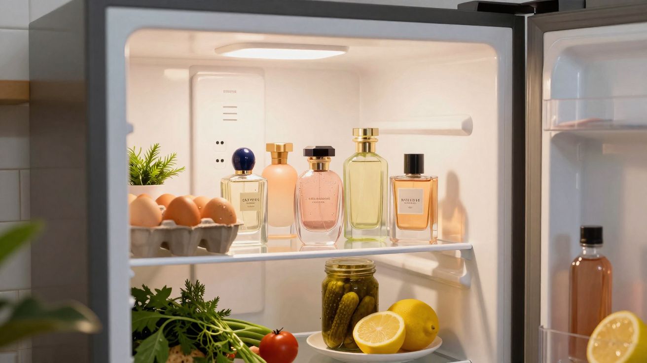 Interior de un frigorífico con perfumes, huevos, verduras y limón cortado.