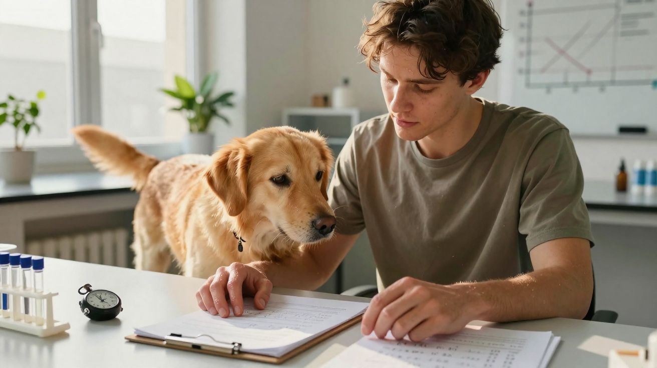 Joven revisando documentos en una mesa con un perro golden retriever curioso a su lado.