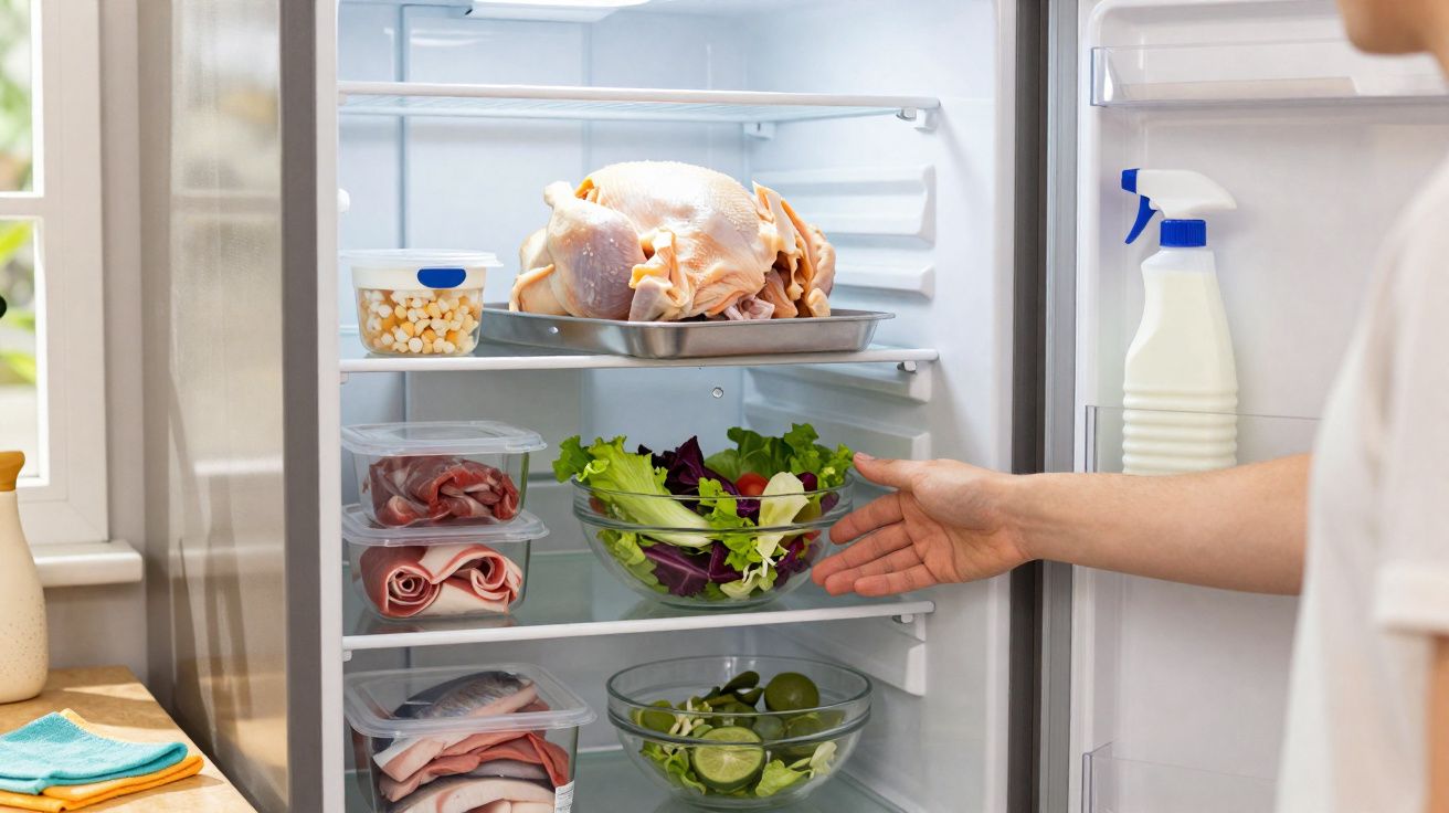 Interior de frigorífico con pollo crudo, ensalada, embutidos y personas guardando alimentos.