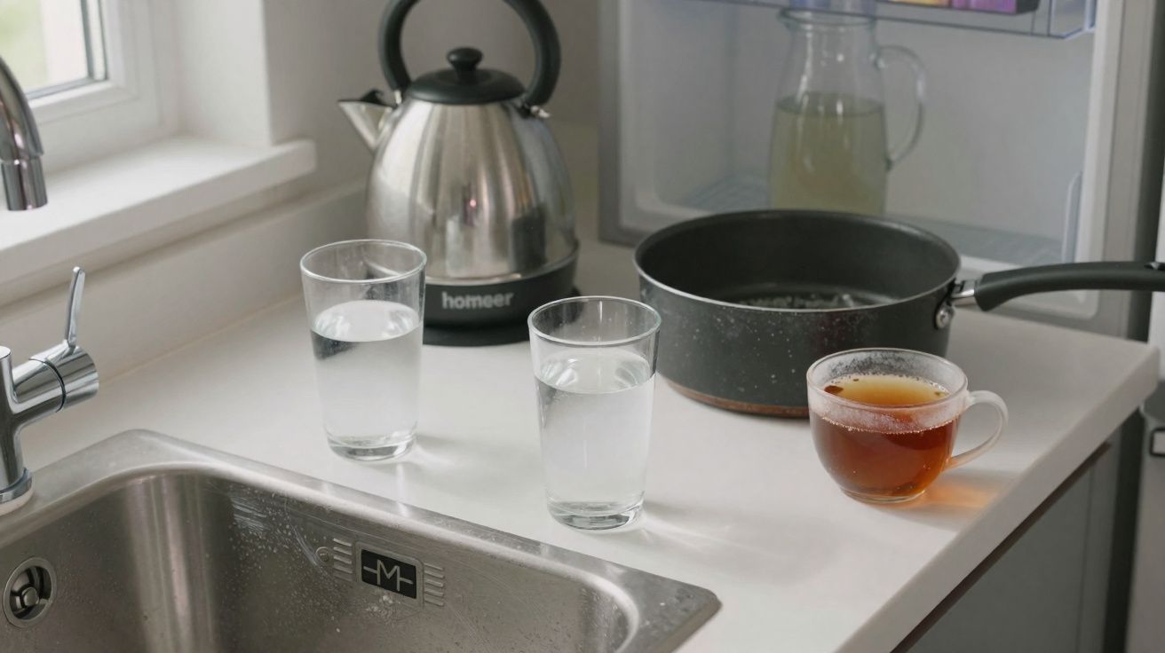 Cocina con fregadero, dos vasos con agua, tetera, cazo y taza de té sobre encimera blanca.