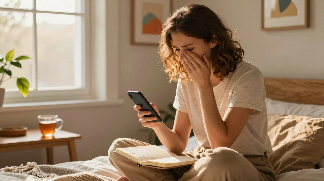 Mujer sentada en la cama con móvil y libro, mostrando expresión de preocupación o tristeza.