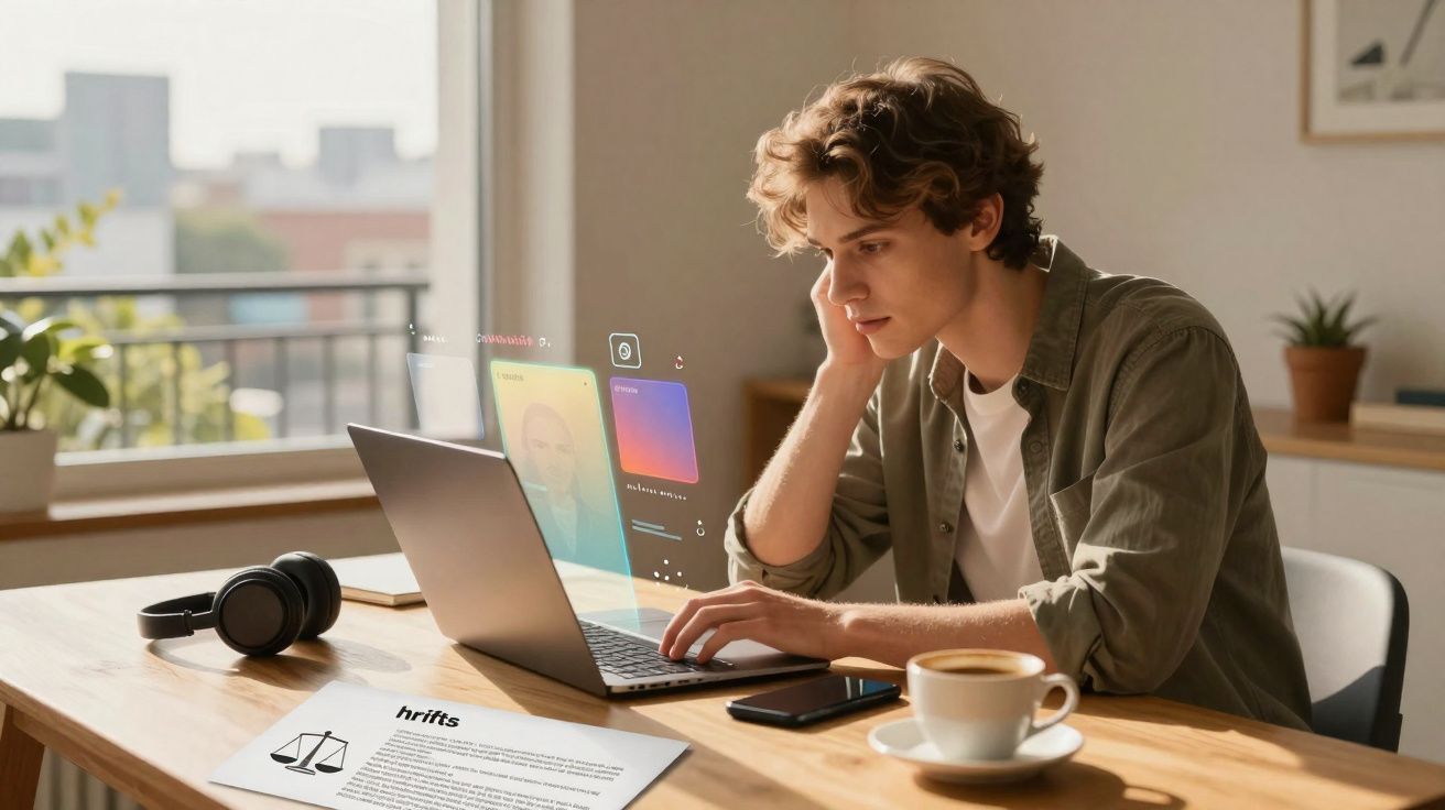 Joven concentrado usando portátil en escritorio con auriculares, móvil, café y documentos en habitación luminosa.
